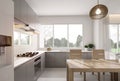 Minimal style kitchen and dining room with nature view 3d render Royalty Free Stock Photo