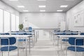Minimal style modern white classroom with blue chairs 3d render Royalty Free Stock Photo
