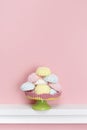 Minimal style. Multicolored meringues on a pastel pink background