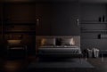 Minimal style mysterious and charming black bedroom interior with empty wall 3d render Royalty Free Stock Photo