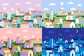 Minimal style town. Geometric minimalist city, daytime cityscape and night townscape flat vector illustration
