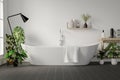 Minimal style white bathroom 3d render, white wall and ceramic floor, The room has large windows. 3d render Royalty Free Stock Photo