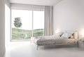 Minimal style white bedroom with meadow view 3d render