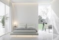 Minimal style white bedroom with a telescope in the glass window 3d render