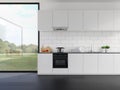 Minimal style white kitchen counter with nature view 3d render Royalty Free Stock Photo