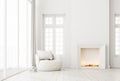 Minimal style white living room Furnished with a modern fireplace with flames and fabric lounge chair 3d render Royalty Free Stock Photo