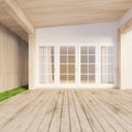 Minimal style wooden terrace of the glass door entrance with wall side slats and floor grass.3d rendering Royalty Free Stock Photo