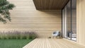 Minimal style wooden terrace with green lawn 3d render