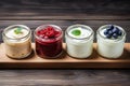 Minimal Style Yogurts on Rustic Wooden Background AI Generated