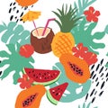 Minimal summer trendy vector tile seamless pattern in scandinavian style. Exotic fruit slice, flowers, palm leaf and Royalty Free Stock Photo