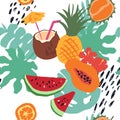 Minimal summer trendy vector tile seamless pattern in scandinavian style. Exotic fruit slice, flowers, palm leaf and Royalty Free Stock Photo