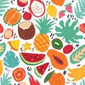 Minimal summer trendy vector tile seamless pattern in scandinavian style. Exotic fruit slice, palm leaf and dots Royalty Free Stock Photo