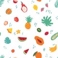 Minimal summer trendy vector tile seamless pattern in scandinavian style. Exotic fruit slice, palm leaf and dots Royalty Free Stock Photo