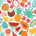 Minimal summer trendy vector tile seamless pattern in scandinavian style. Exotic fruit slice, palm leaf, hibiscus and Royalty Free Stock Photo