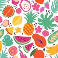 Minimal summer trendy vector tile seamless pattern in scandinavian style. Exotic fruit slice, palm leaf, hibiscus and Royalty Free Stock Photo