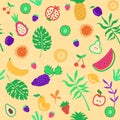 Tropical summer trendy vector seamless pattern. Exotic fruit slice, palm leaf hibiscus flower. Royalty Free Stock Photo