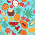 Minimal summer trendy vector tile seamless pattern in scandinavian style. Exotic fruit slice, palm leaf hibiscus flower Royalty Free Stock Photo