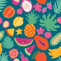 Minimal summer trendy vector tile seamless pattern in scandinavian style. Exotic fruit slice, palm leaf hibiscus flower Royalty Free Stock Photo