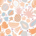 Minimal summer trendy vector tile seamless pattern in scandinavian style. Exotic fruit slice, palm leaf hibiscus flower Royalty Free Stock Photo