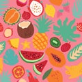 Minimal summer trendy vector tile seamless pattern in scandinavian style. Exotic fruit slice, palm leaf. Textile fabric Royalty Free Stock Photo