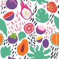 Minimal summer trendy vector tile seamless pattern in scandinavian style. Exotic fruit slice, plant leaf and abstract Royalty Free Stock Photo