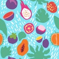 Minimal summer trendy vector tile seamless pattern in scandinavian style. Exotic fruit slice, plant leaf and abstract Royalty Free Stock Photo