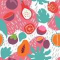Minimal summer trendy vector tile seamless pattern in scandinavian style. Exotic fruit slice, plant leaf and abstract Royalty Free Stock Photo