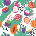 Minimal summer trendy vector tile seamless pattern in scandinavian style. Exotic fruit slice, plant leaf and abstract Royalty Free Stock Photo