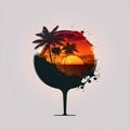 Minimal sunset logo of a cocktail balloon glass ,tropical sea and palm, black red