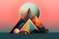 Minimal surreal collage, chromolithography print. Triangle base, circle under centre aligned, gradients, neon and pastel colours