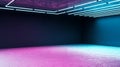 Minimal techno concept with modern empty exhibition hall with blank wall and neon paints Royalty Free Stock Photo