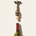 Minimal top view vintage corkscrew with uncorked cork and glass bottle for red wine, concept design for wine list on Royalty Free Stock Photo