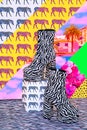 Minimal tropical art collage. Wallpaper. Beach summer texture and zebra stylish Boots. Still life fashion scene. Fashion and Royalty Free Stock Photo