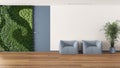 Minimal Waiting Sitting Room With Parquet In White And Blue Tones. Vertical Garden And Potted Palm, Soft Armchairs And Door.
