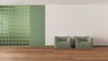 Minimal waiting sitting room with parquet in white and green tones. Glass brick walls, soft armchairs and door. Modern interior Royalty Free Stock Photo