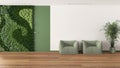 Minimal waiting sitting room with parquet in white and green tones. Vertical garden and potted palm, soft armchairs and door.