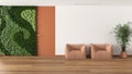 Minimal waiting sitting room with parquet in white and orange tones. Vertical garden and potted palm, soft armchairs and door.