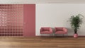 Minimal waiting sitting room with parquet in white and red tones. Glass brick walls, soft armchairs, potted plant and door. Modern Royalty Free Stock Photo