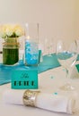 Minimal wedding arrangement for the bride`s table in turquoise blue and white Royalty Free Stock Photo
