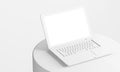 minimal white clay laptop on circular podium with blank empty screen display 3d illustration rendering