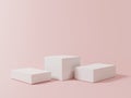 Minimal white colour of three blank cube podium with pink pastel background for showing product presentation , 3D rendering