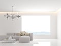 Minimal white living room with sea view Decorate with white fabric sofa 3d render