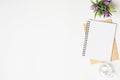 Minimal white office desk table with notebooks, glass of drinking water and flower pot. Top view with copy space, flat lay Royalty Free Stock Photo