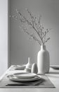 Minimal White Vase With Pussy Willow And Modern Tableware Royalty Free Stock Photo