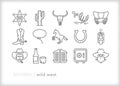 Wild west outline icons of cowboys and robbers in the American West