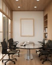 A minimal wood picture frame mockup on a white wall in a modern meeting room