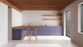 Minimal wooden kitchen in white and purple tones. Resin floor and wooden ceiling. Cabinets, island with stools and appliances. Royalty Free Stock Photo