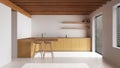 Minimal wooden kitchen in white and yellow tones. Resin floor and wooden ceiling. Cabinets, island with stools and appliances. Royalty Free Stock Photo