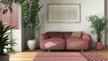 Minimal wooden living room in white and red tones with fabric sofa, carpet, and frame mockup. Biophilic concept, houseplants.