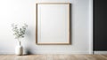 minimal wooden picture poster frame mockup, elegantly hanging on a clean, white wall